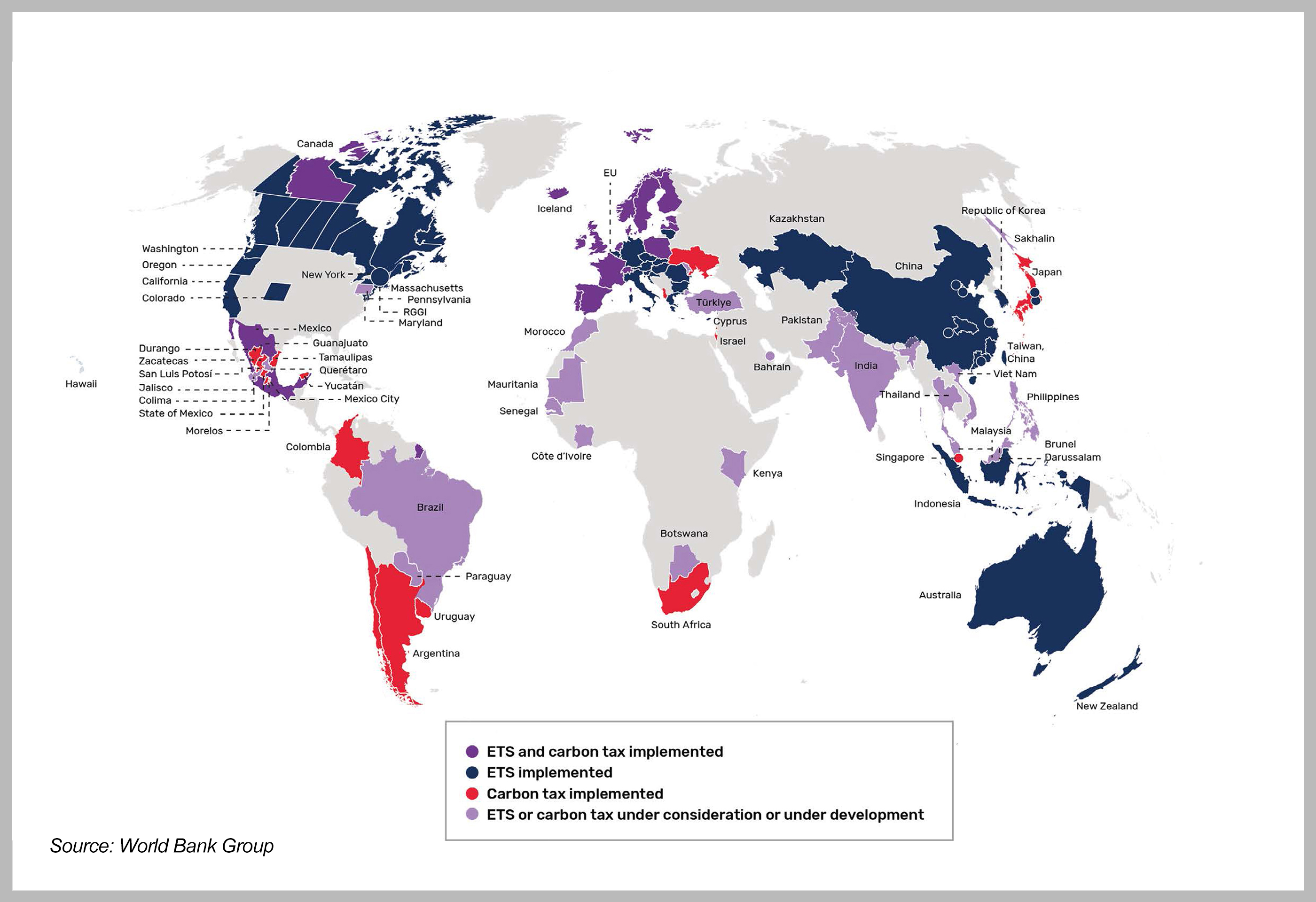 Global map showing countries' pricing on pollution