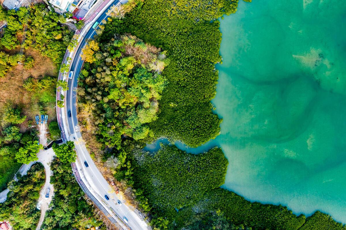 An overhead shot of a curve in a road that meets a bend of forests and bright blue water