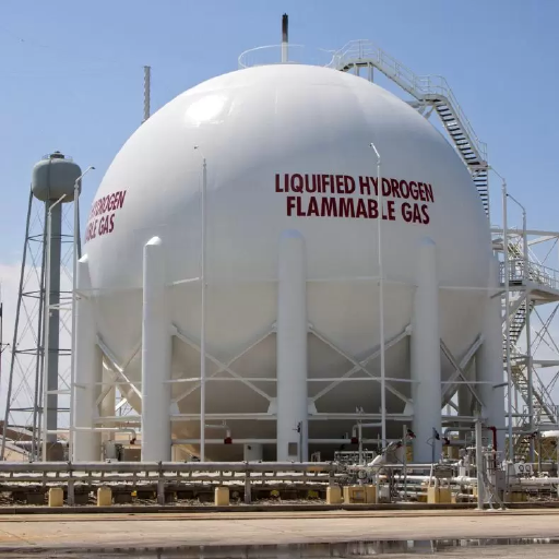 Large, white, spherical storage tank containing liquid hydrogen