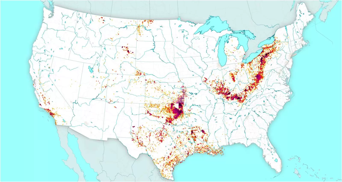 Map showing location of orphan wells across the continental United States