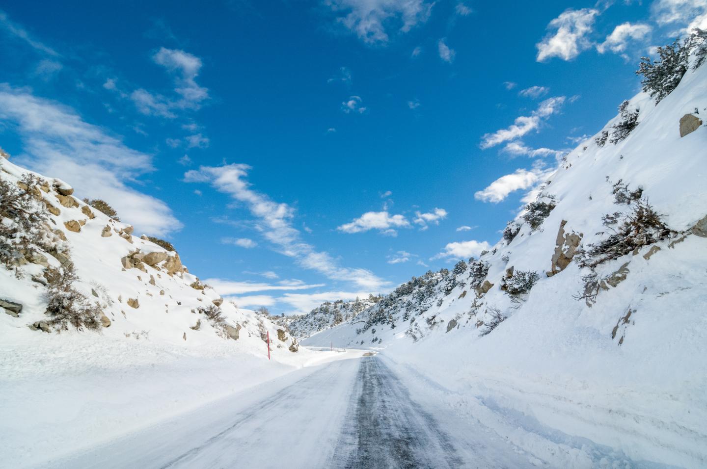 A snow covered road in the Sierra Nevada mountains of California