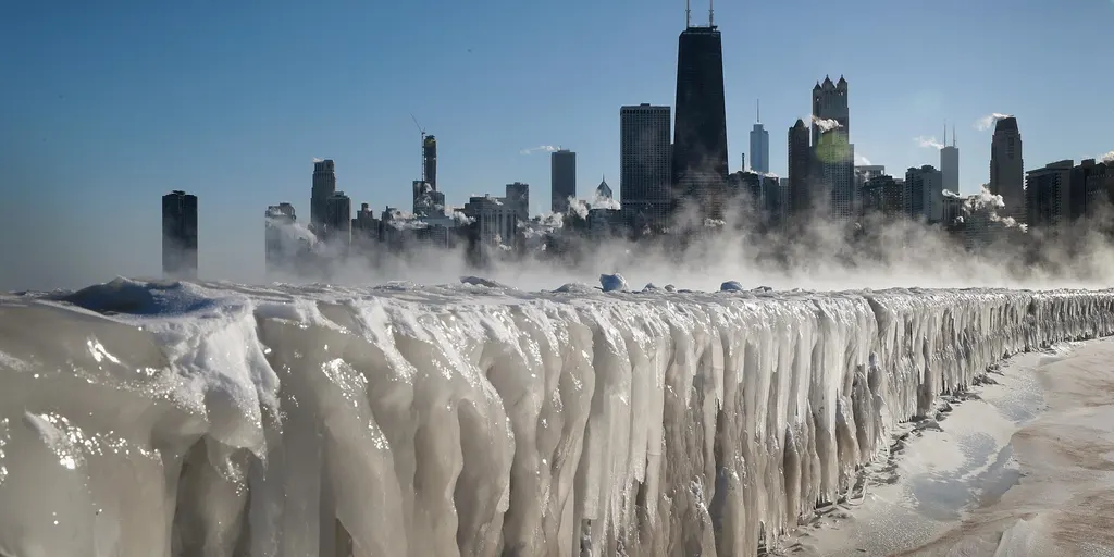 Lake Michigan shoreline looks like a wall of icicles, with Chicago skyline in background