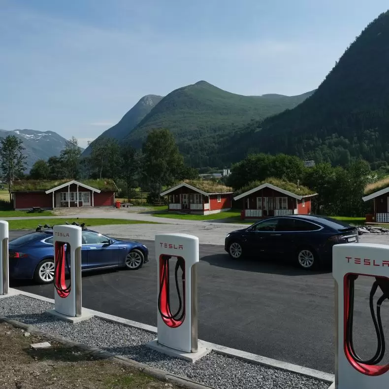 A row of Tesla superchargers in Skei, Norway