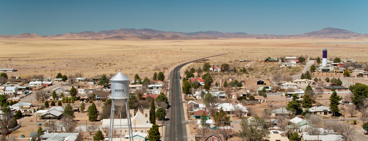 A drone shot of the desert town of Marfa, Texas