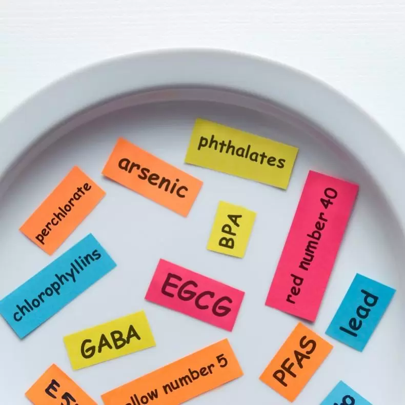 A white plate with colorful slips of paper with chemical names and acronyms written on them