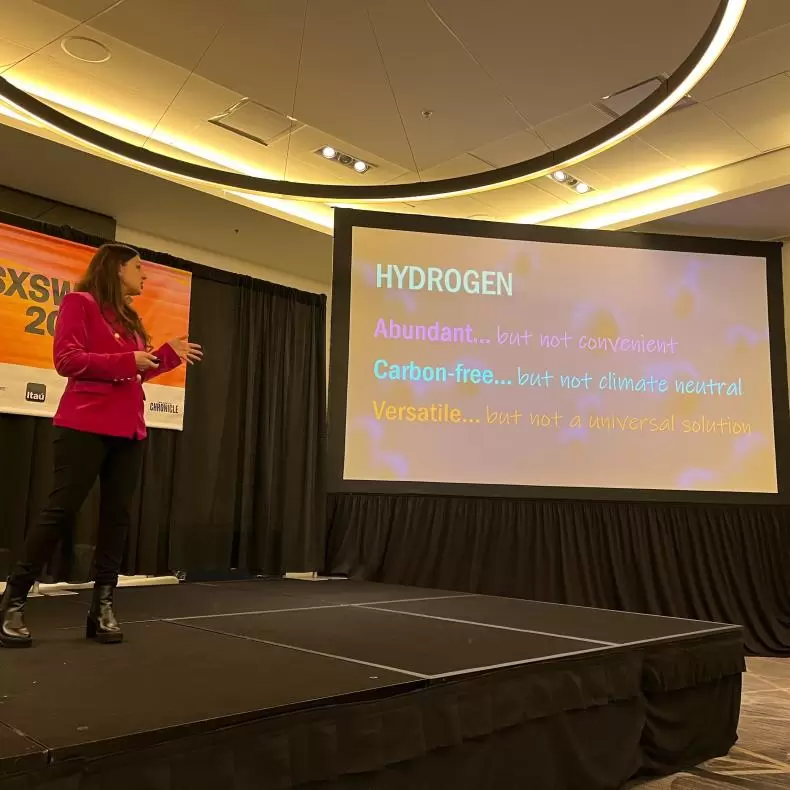 Ilissa Ocko on stage at SXSW outlining the benefits and challenges of hydrogen energy.