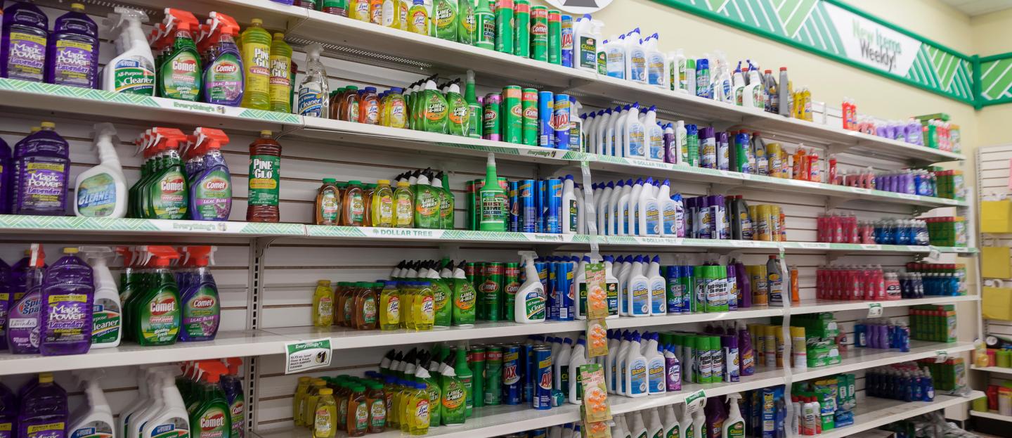 A supermarket shelf of cleaners and products