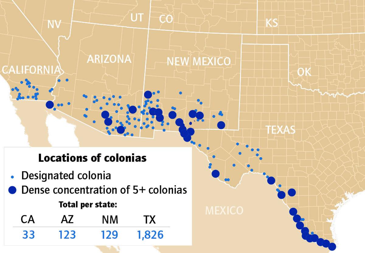 A map of the southwest U.S. showing locations of colonias