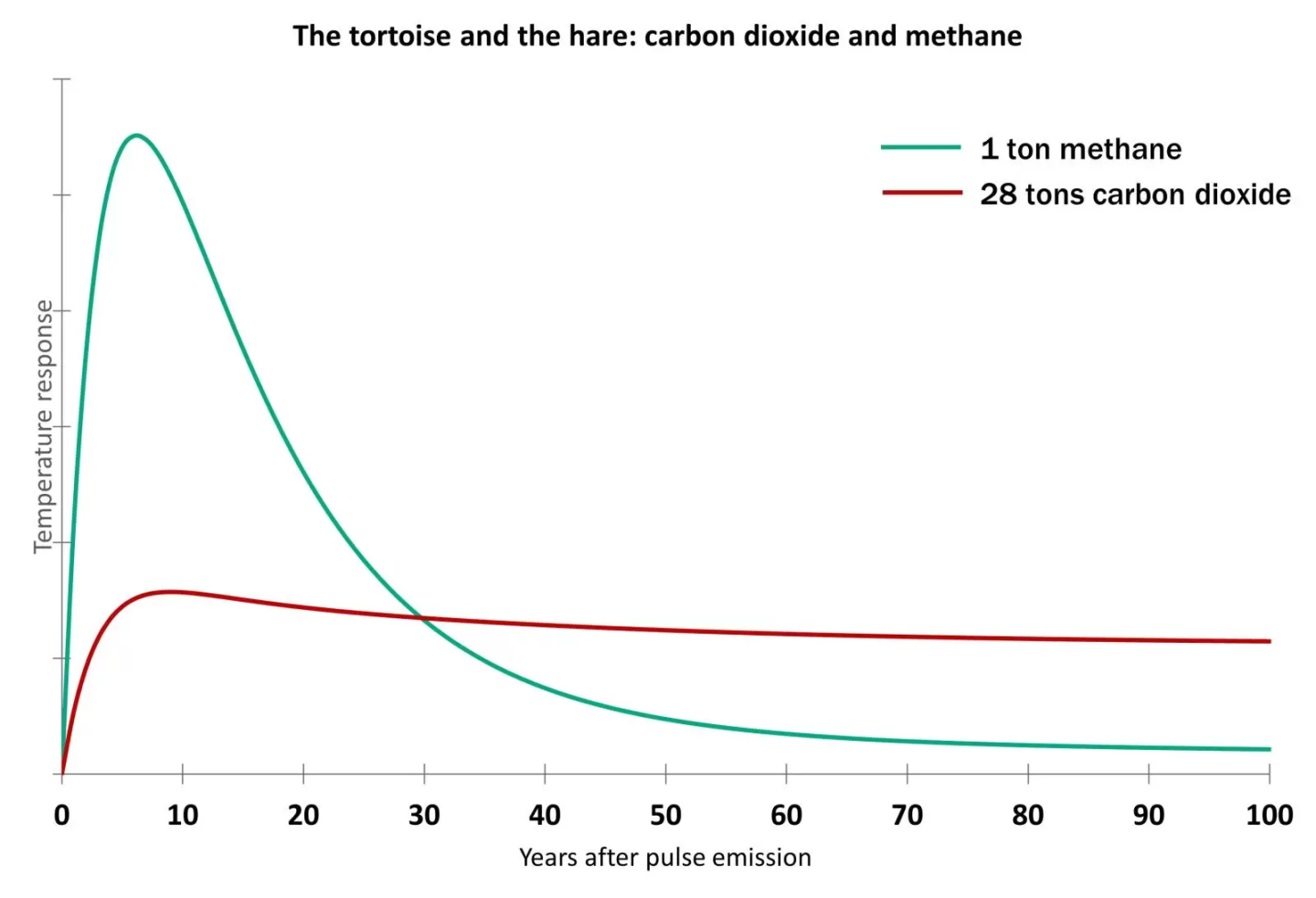 graph showing methane's high short term warming impact vs carbon dioxide's slow and steady long-term warming