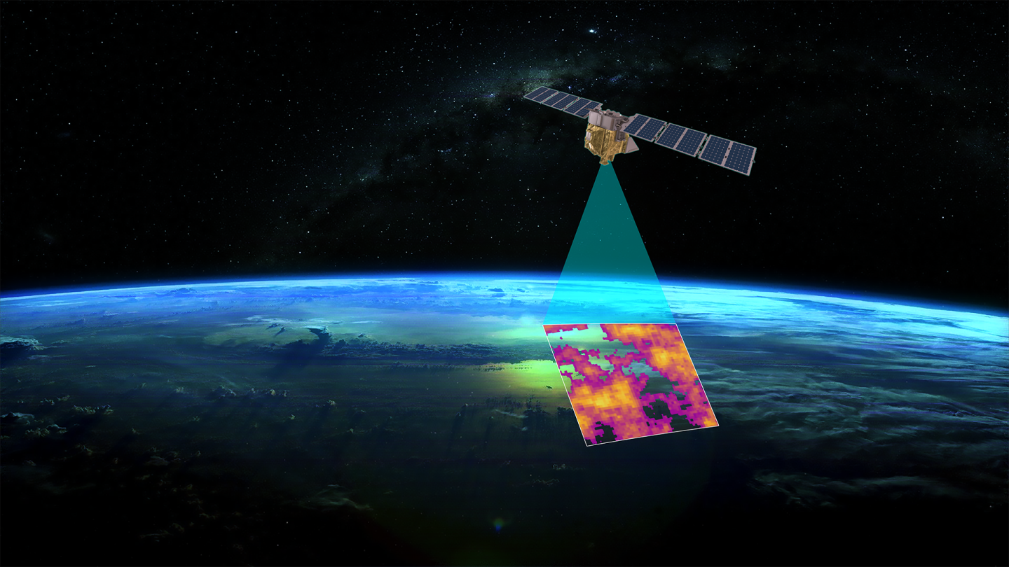 Rendering of MethaneSAT flying through space and scanning earth for pollution