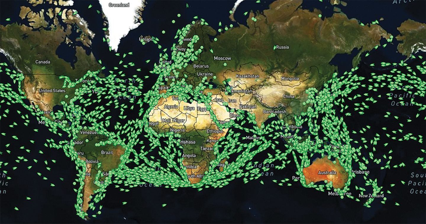 A still frame from a graphic depicting the shipping lanes across the world