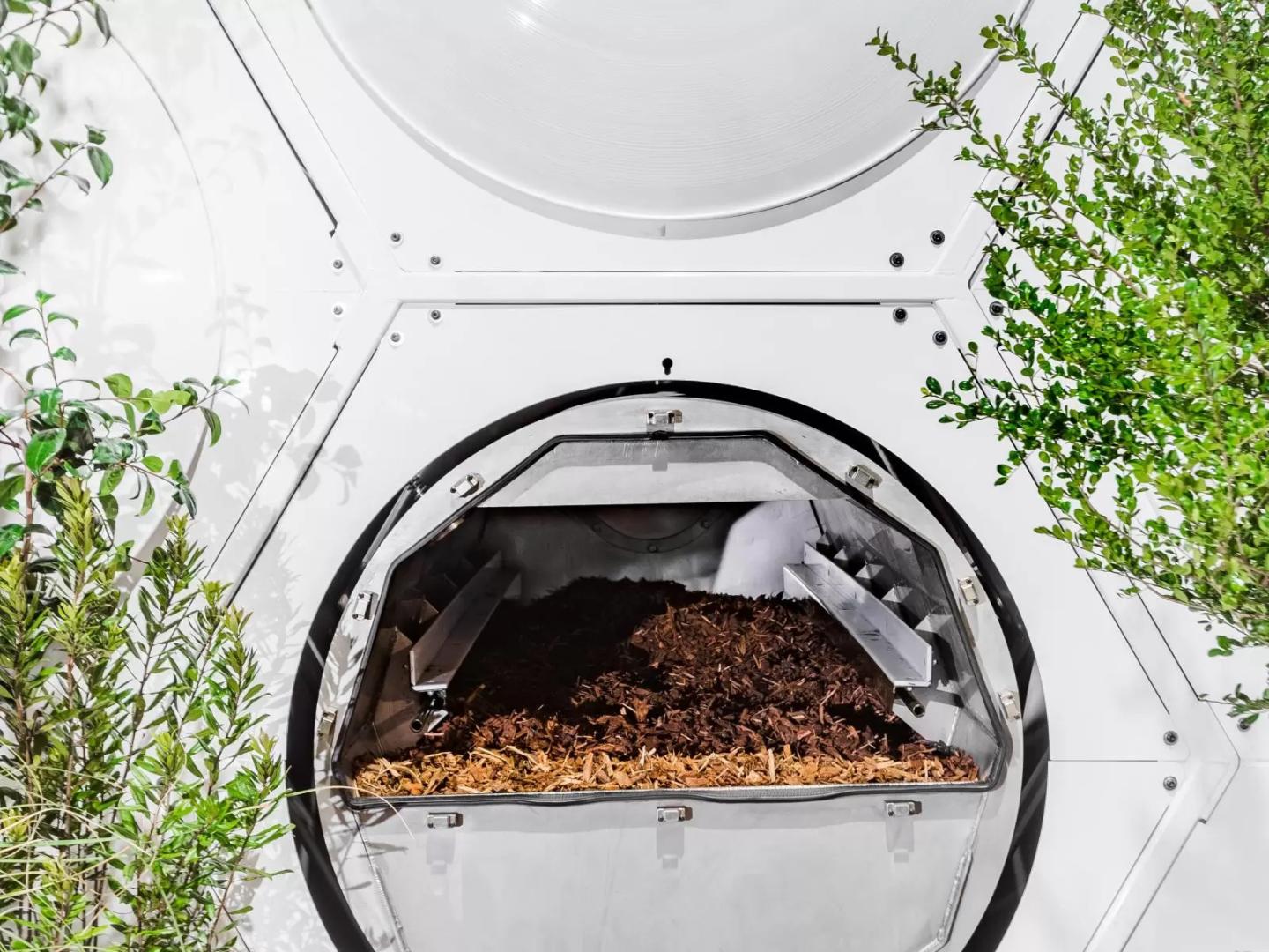 Inside of a pod that is composting a human