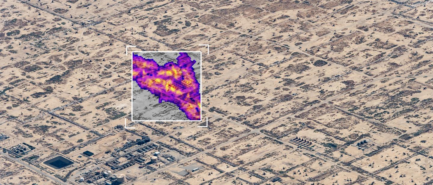 A view of a city as if from a satellite with a thermal plume of methane coming up