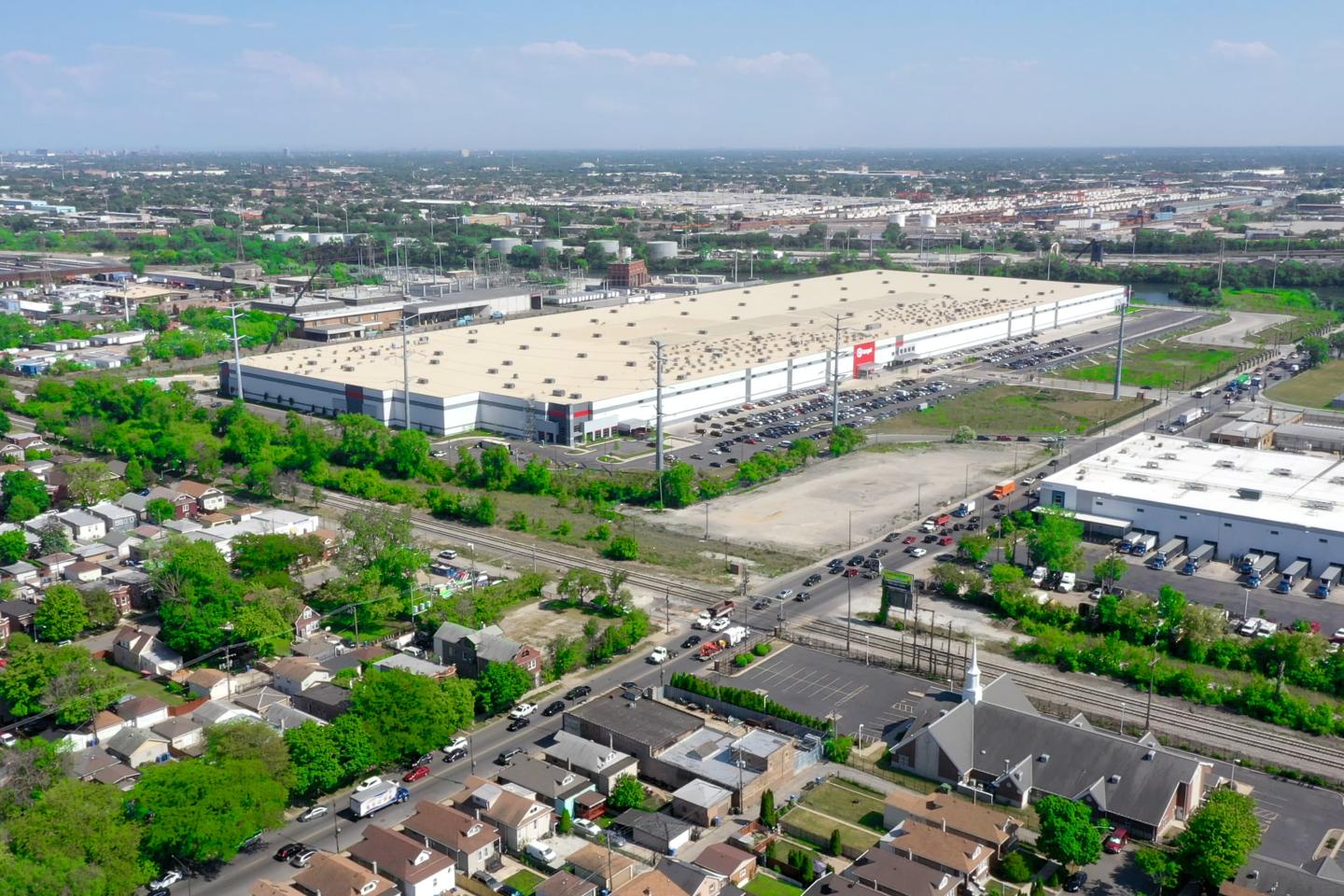 An aerial view of a massive warehouse in Little Village