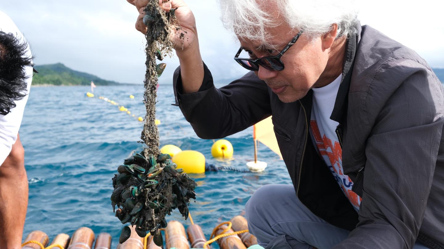 A person holding a bushel of mussels