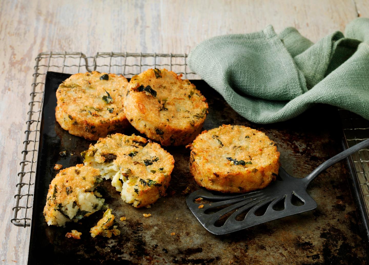 Bubble and squeak cakes on a cooling rack
