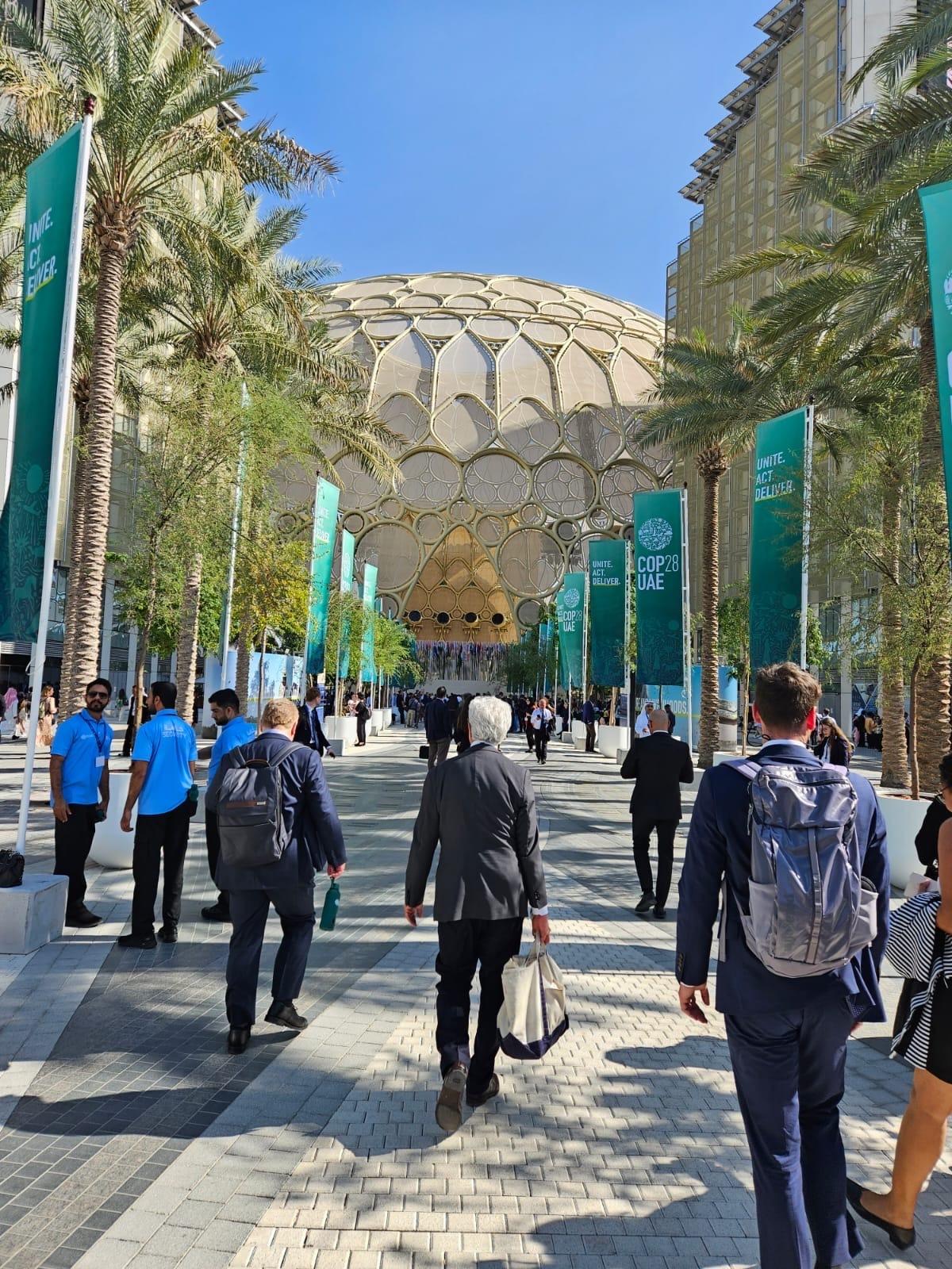 People walking toward Expo City in Dubai at COP28