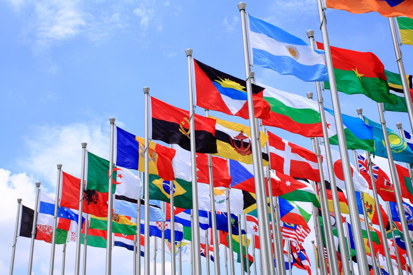 Many world flags flying next to each other