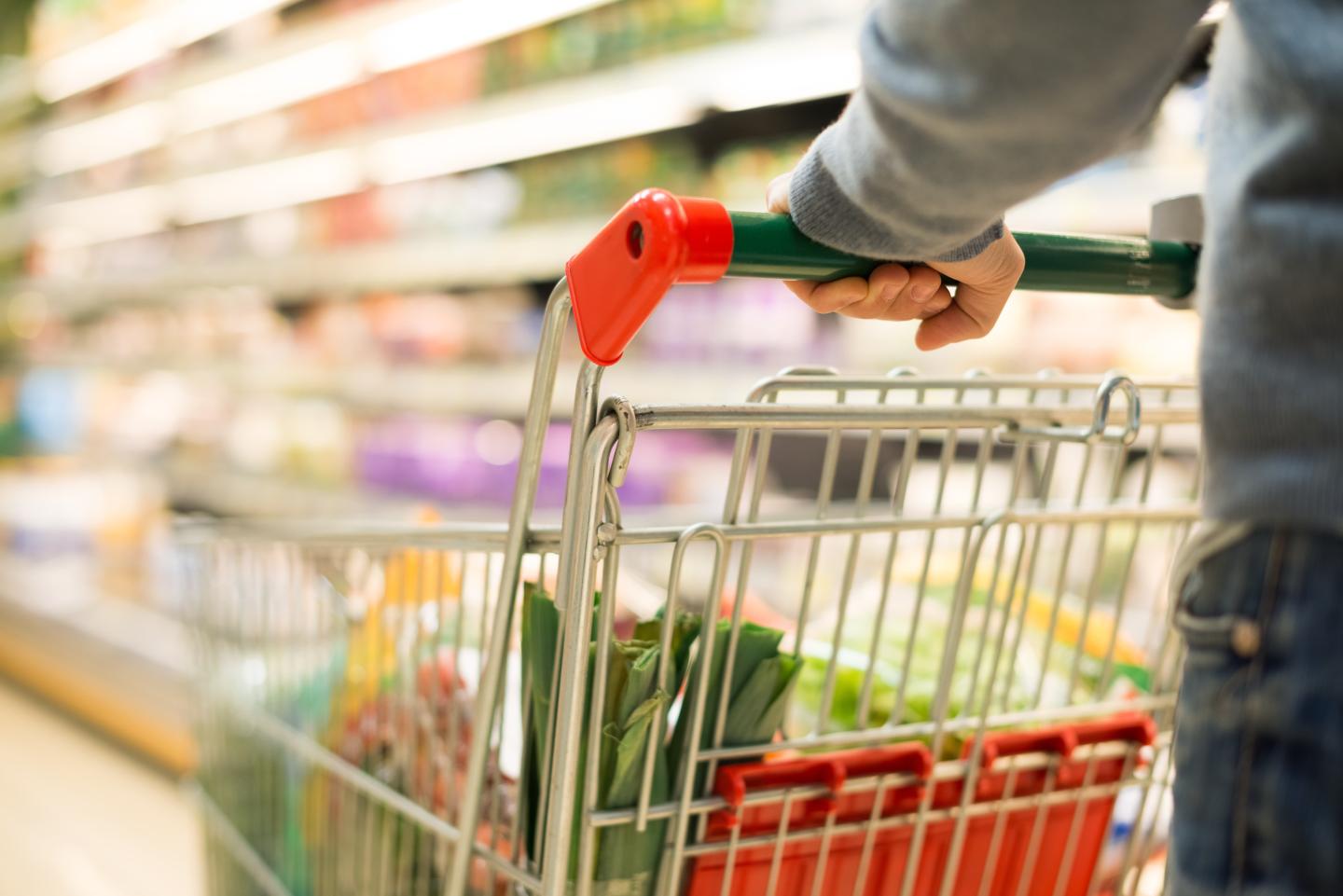 A person pushing a shopping cart down a grocery aisle 