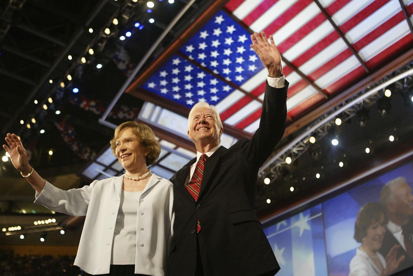 Jimmy Carter and Rosalynn Carter waving at the Democratic National Convention