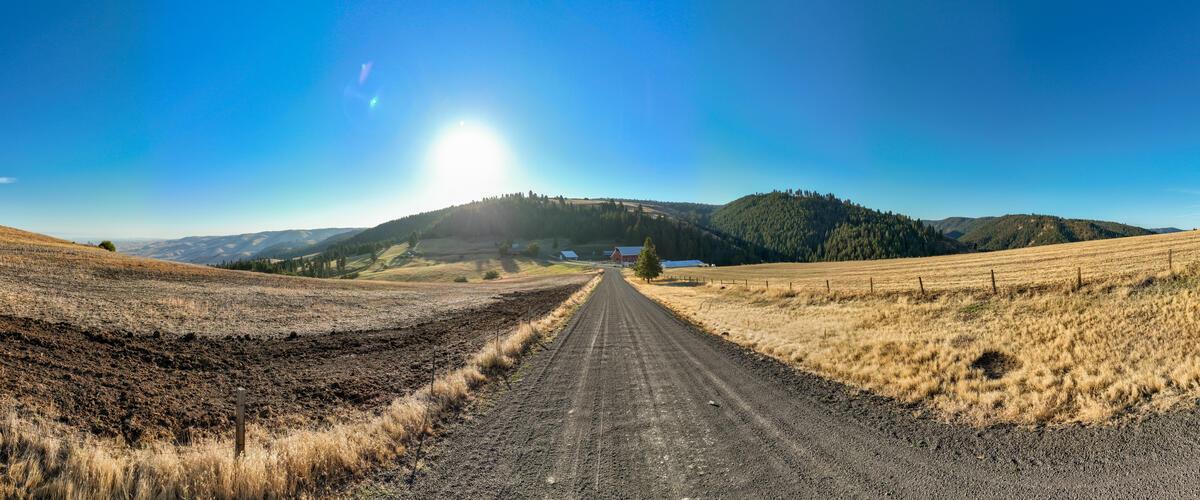 A panoramic shot of a dirt road leading to a farmhouse with the sun rising over the green hills in the distance