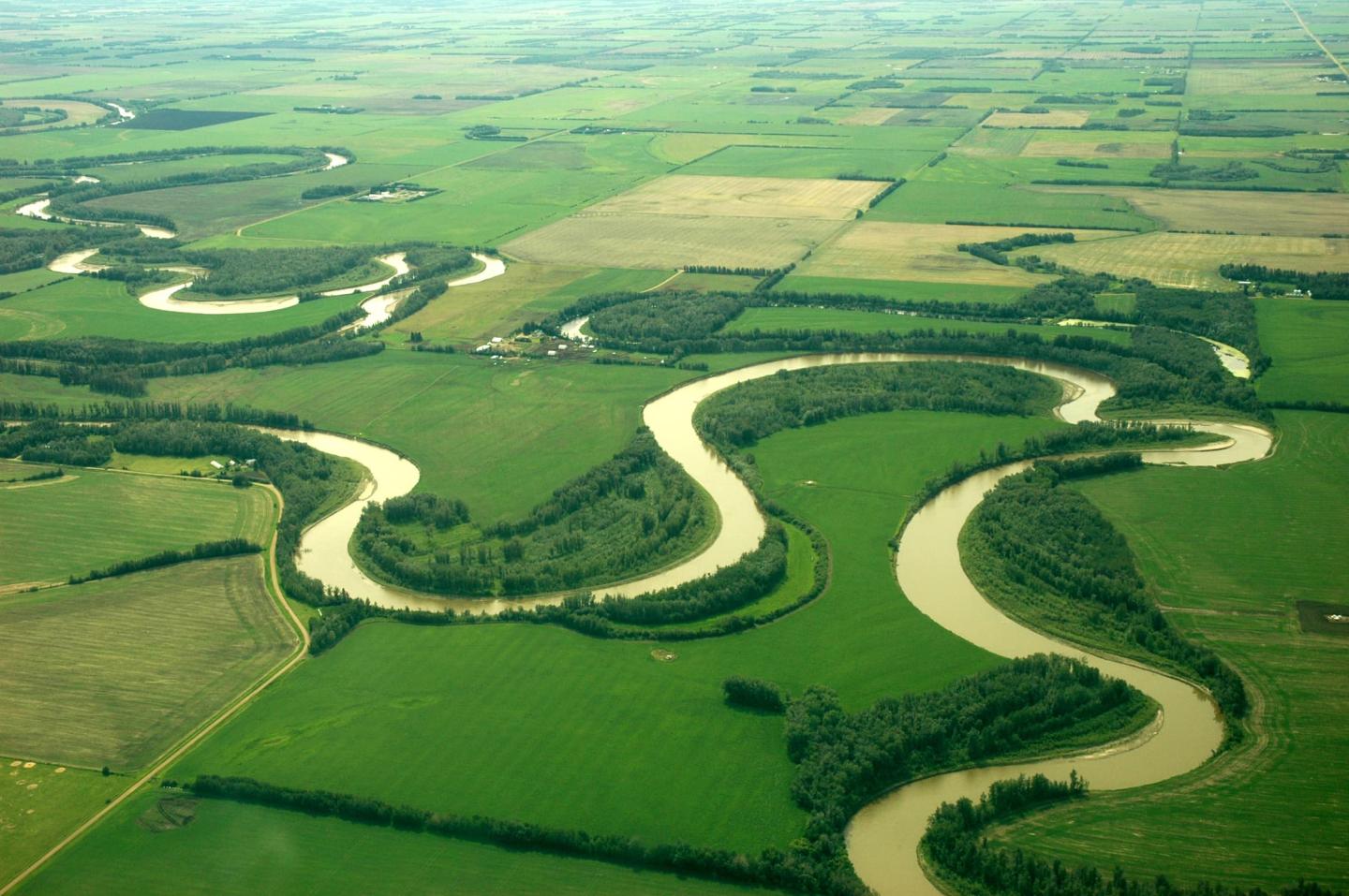 A river with huge curves in it, making an oxbow lake
