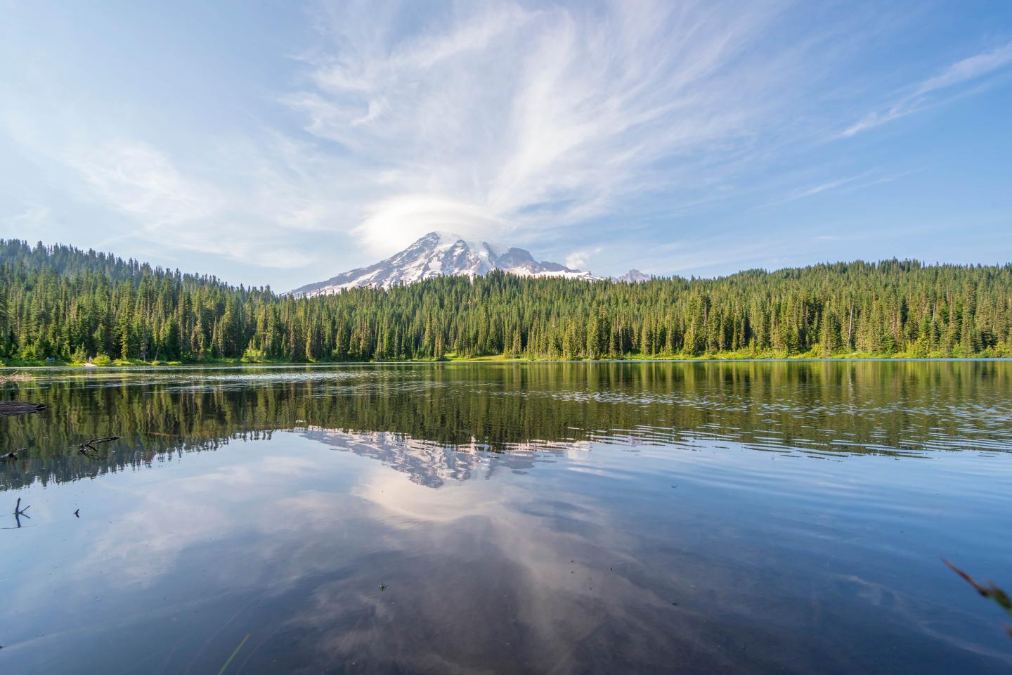 A serene lake and forest beneath Mount Rainier in Washington