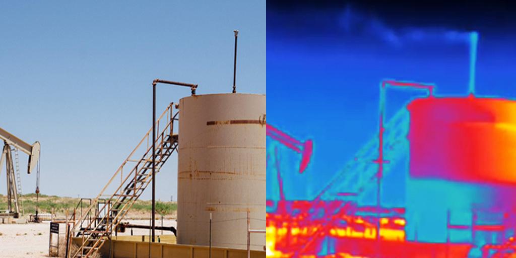 A side-by-side of the same image of an oil tank, one side is in infrared, however, which shows a methane leak coming from the tank.