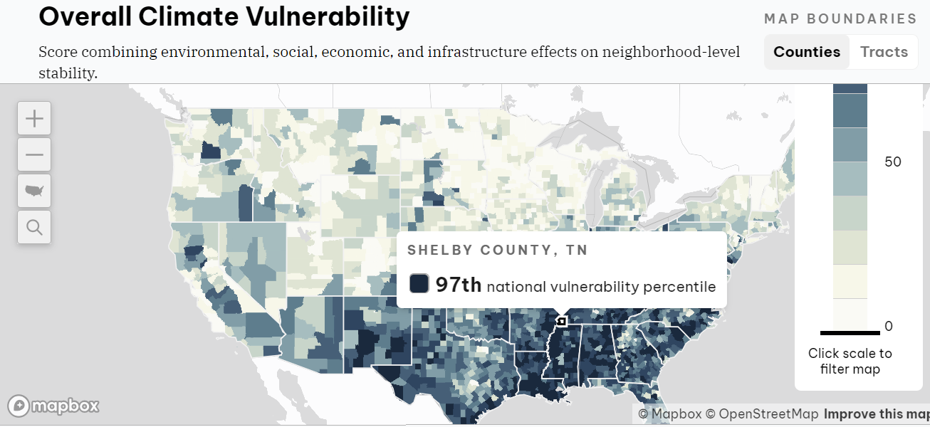 A screenshot of the Climate Vulnerability Index map showing Shelby County, Tennessee in the 97th percentile 