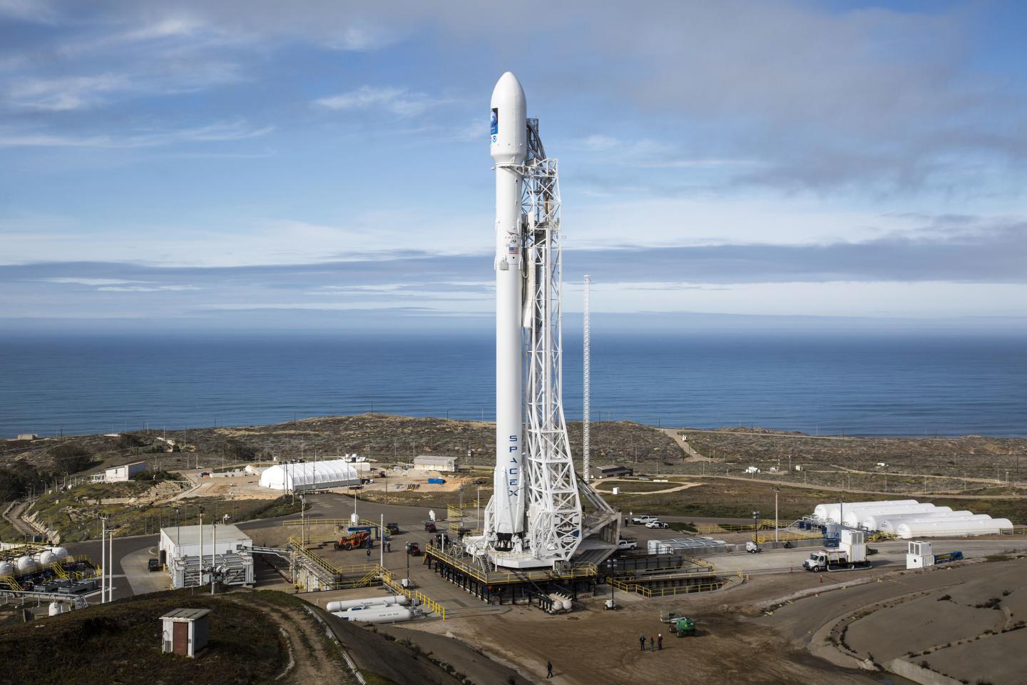  Falcon 9 rocket standing vertical at Vandenberg Space Force Base 