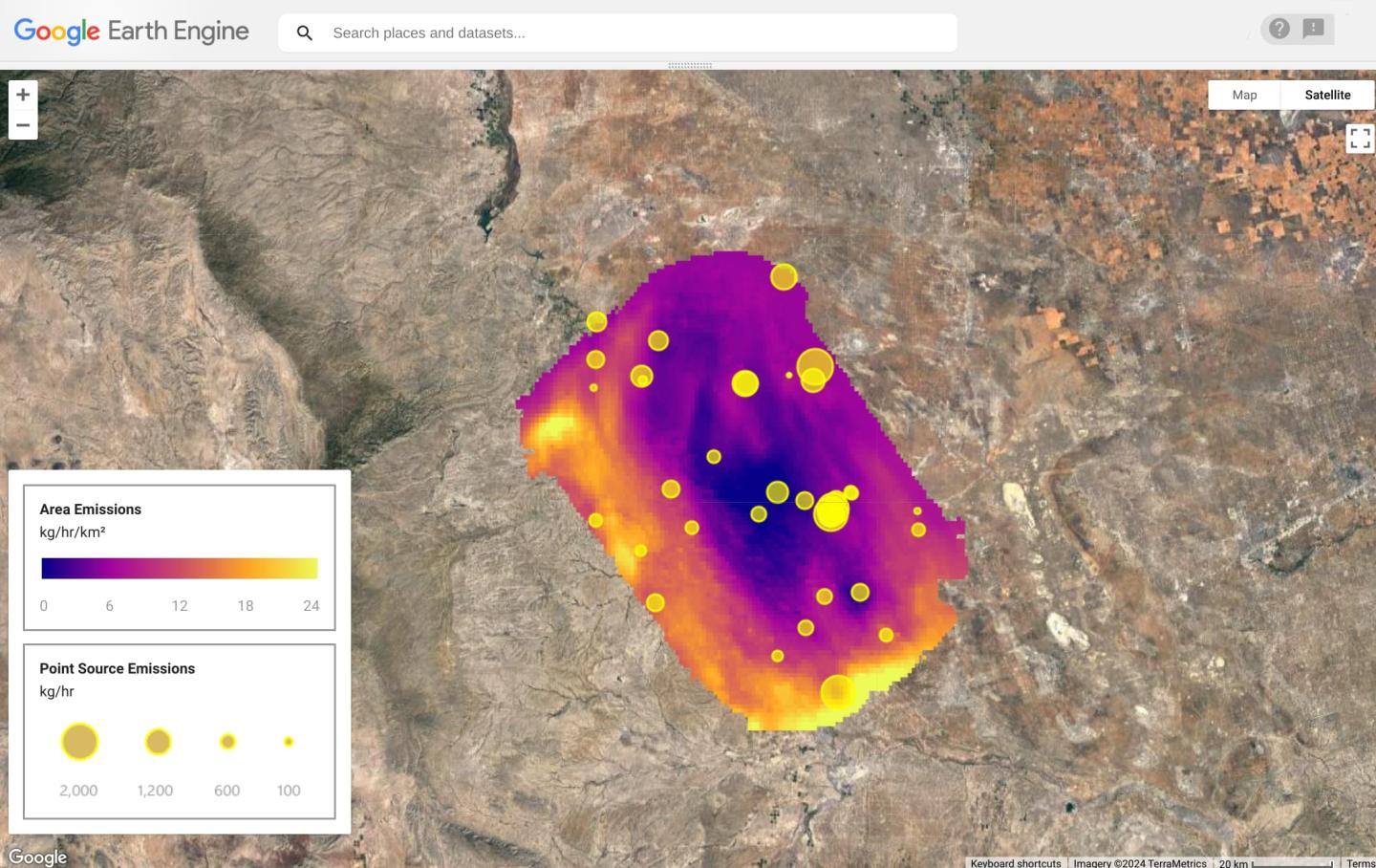 A Google Earth Engine map showing a satellite view mapping emissions