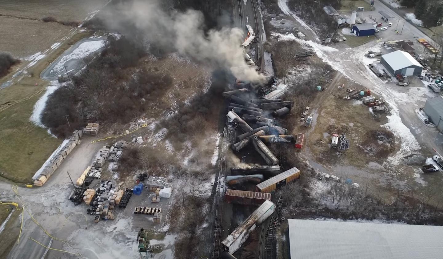 An overhead shot of the East Palestine train derailment