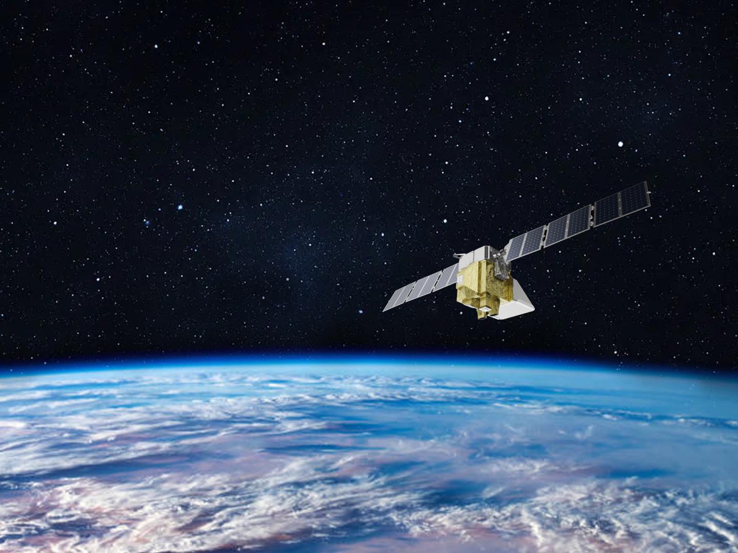A rendering of MethaneSAT flying through space
