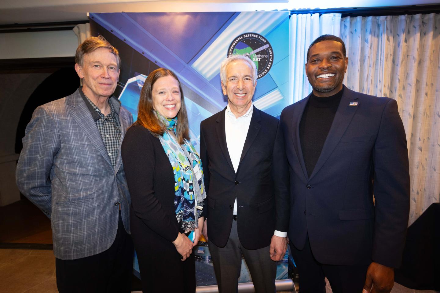 A photo of Gov.  John Hickenlooper, EDF executive director Amanda Leland, EDF president Fred Krupp, EPA administrator Michael Regan at the MethaneSAT launch