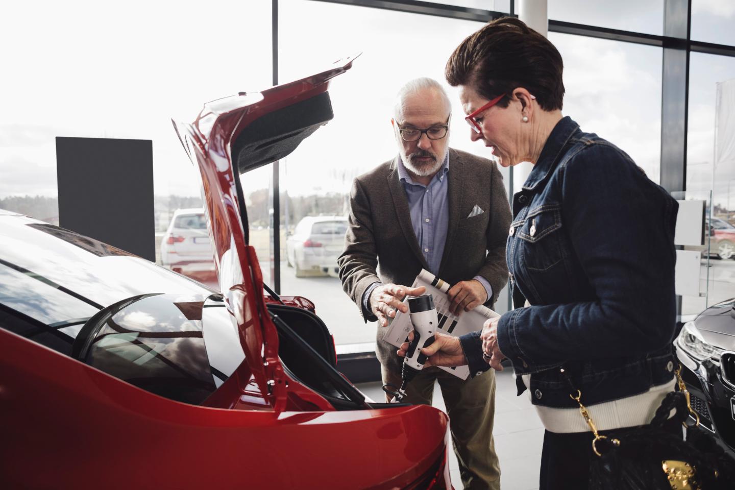 A person discussing buying an electric car with a salesperson