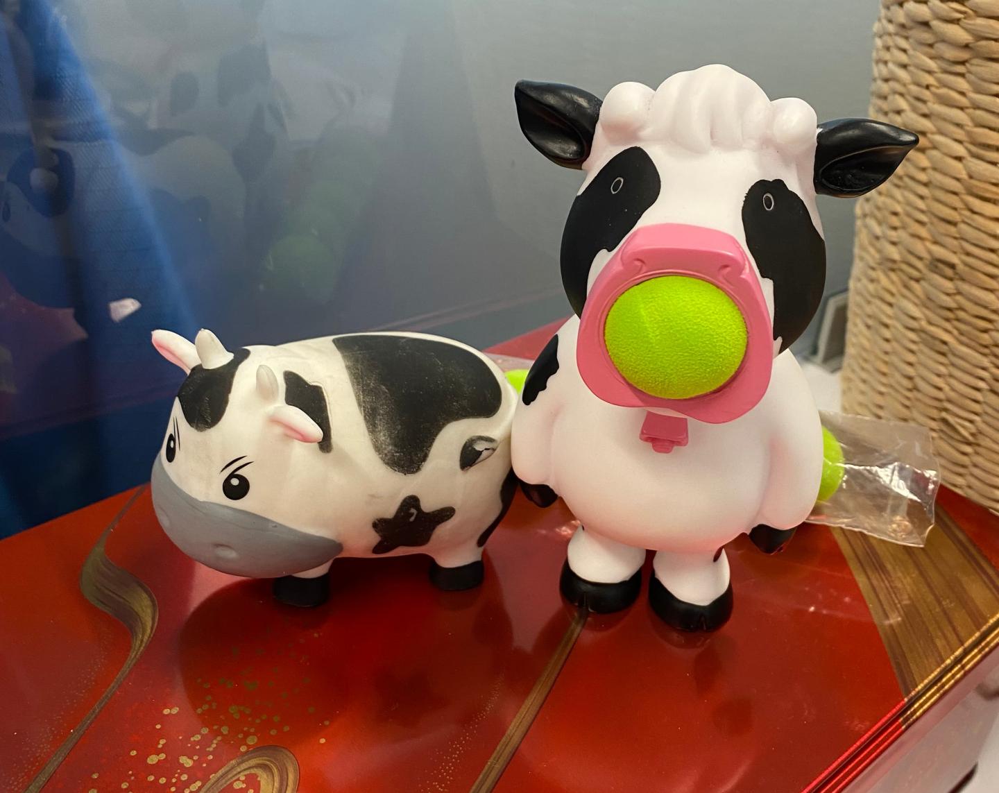 Two plastic cows sitting on a desk