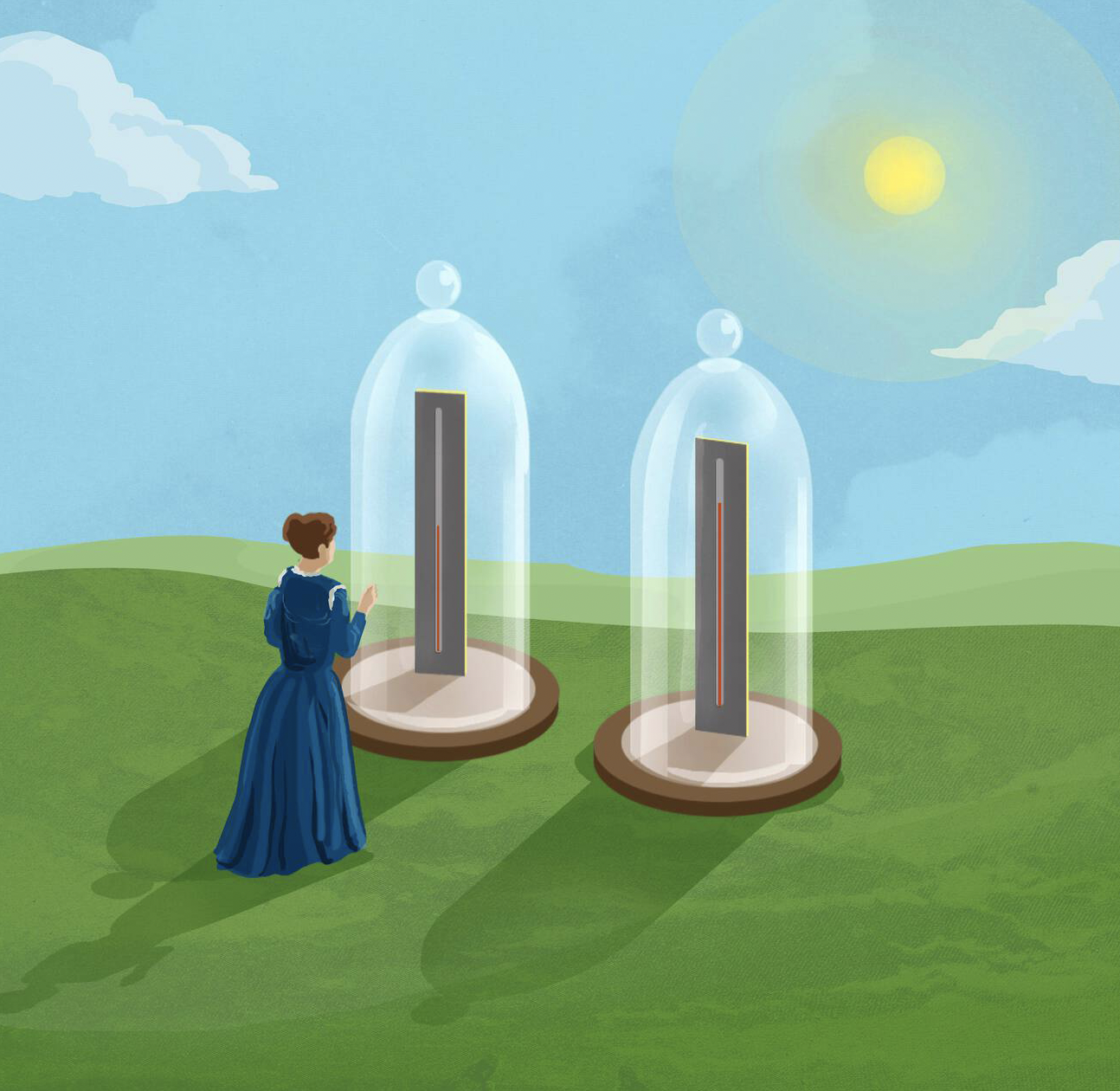 An illustration of Eunice Foote standing in front of two glass cylinders with thermometers in them