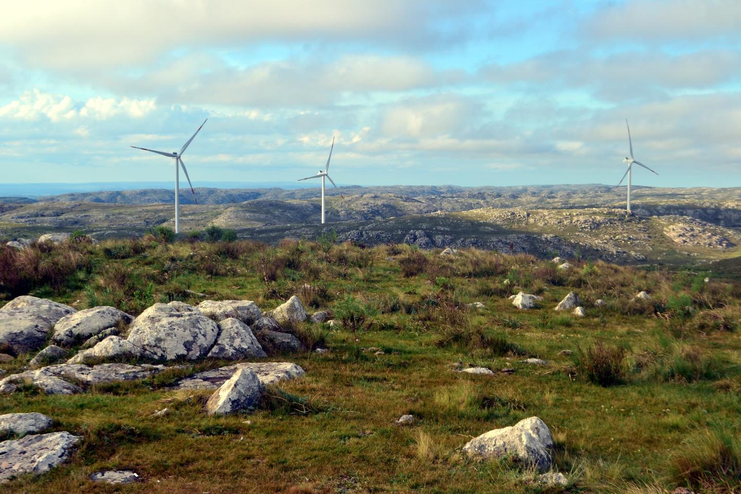 Windmills on a rocky hillside 