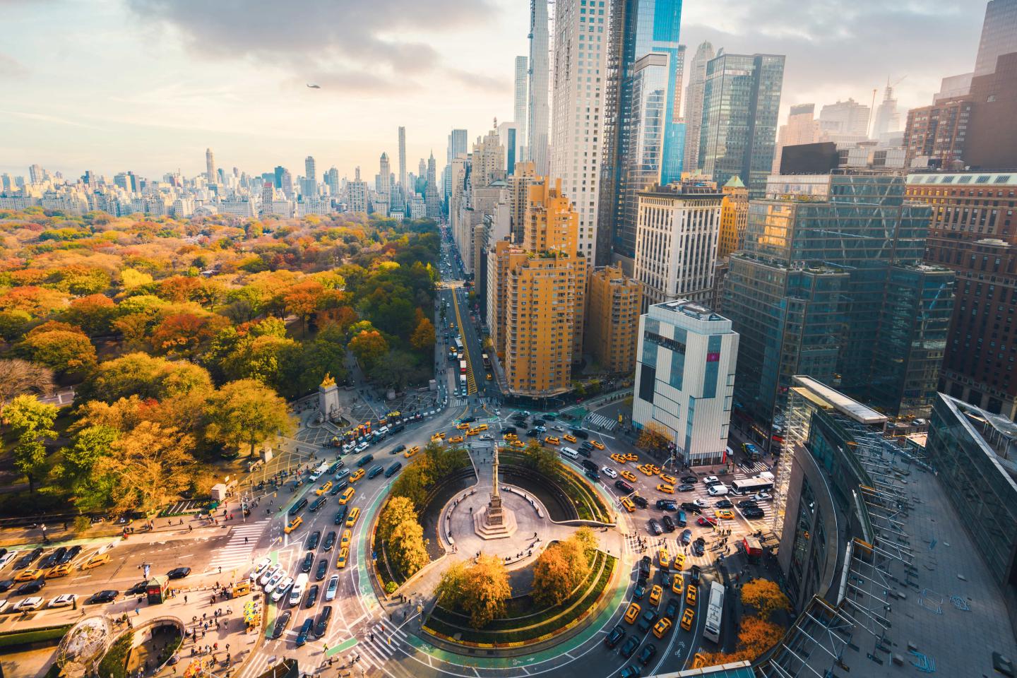 A high up view of a traffic circle in New York City