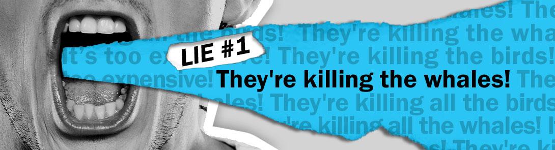 A graphic with a yelling mouth and "Lie #1 They're killing the whales!" on it
