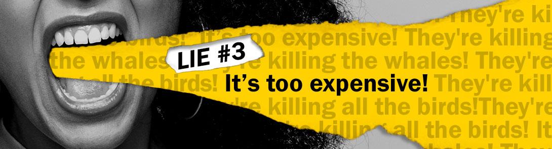 A graphic with a yelling mouth and "Lie #3 It's too expensive!" on it