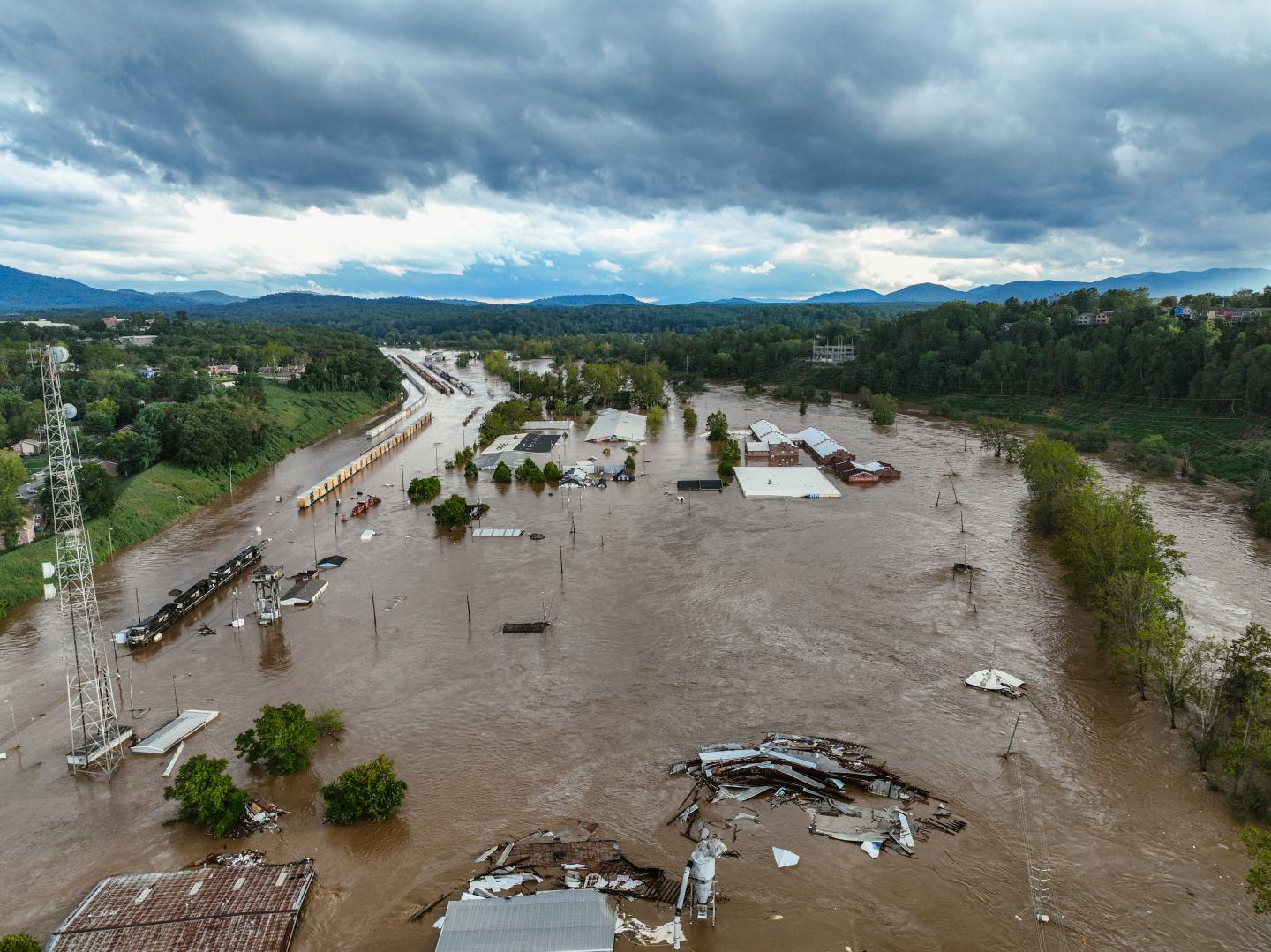 Asheville 2024 River Arts District drone aerial flooding