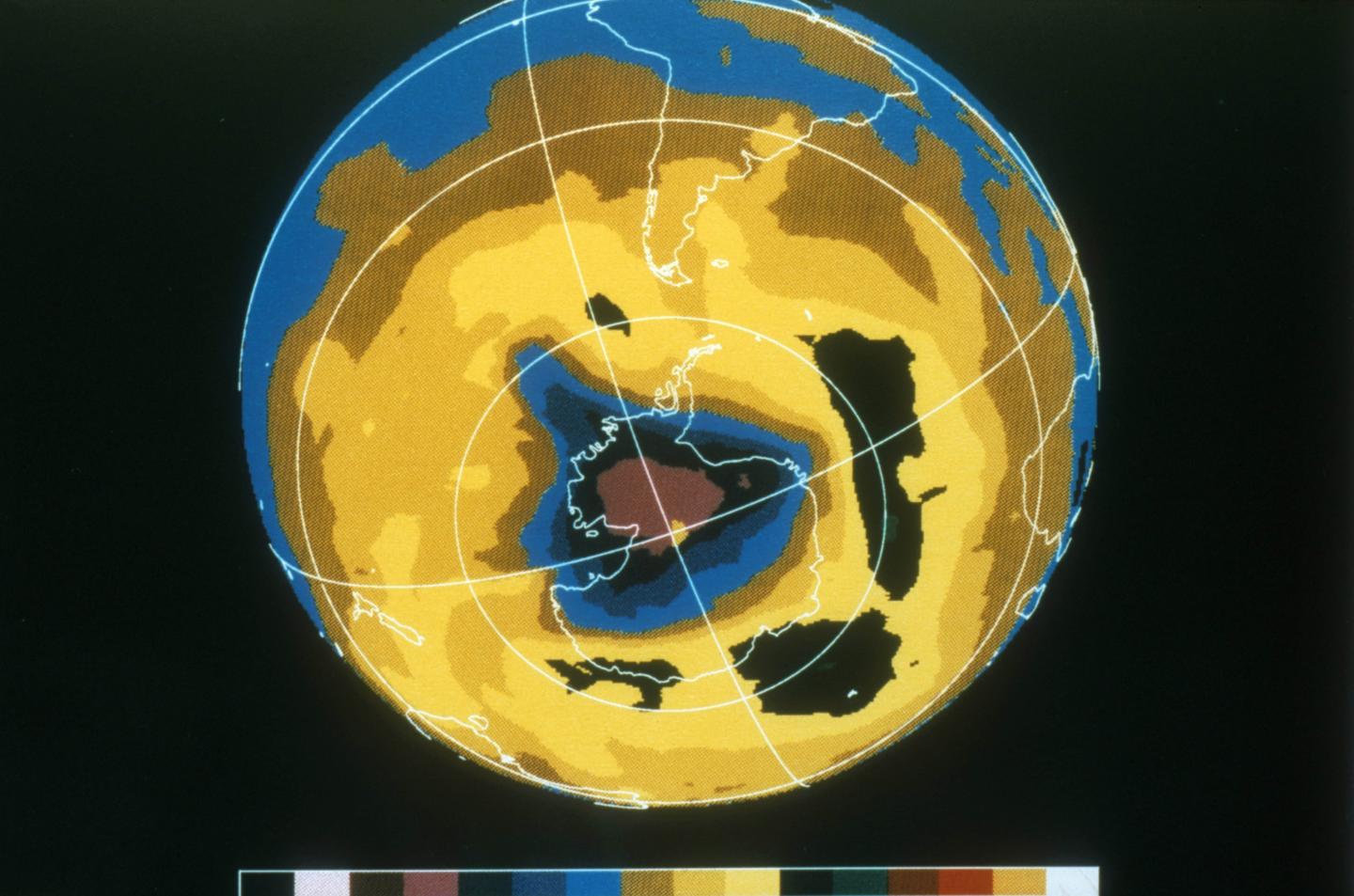 A NASA rendering showing a heat map where the hole in the ozone is