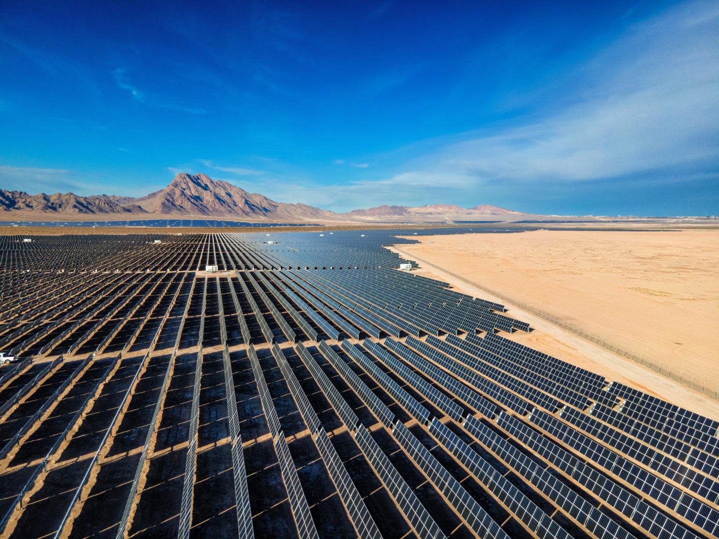 Solar panels laid out in a desert field