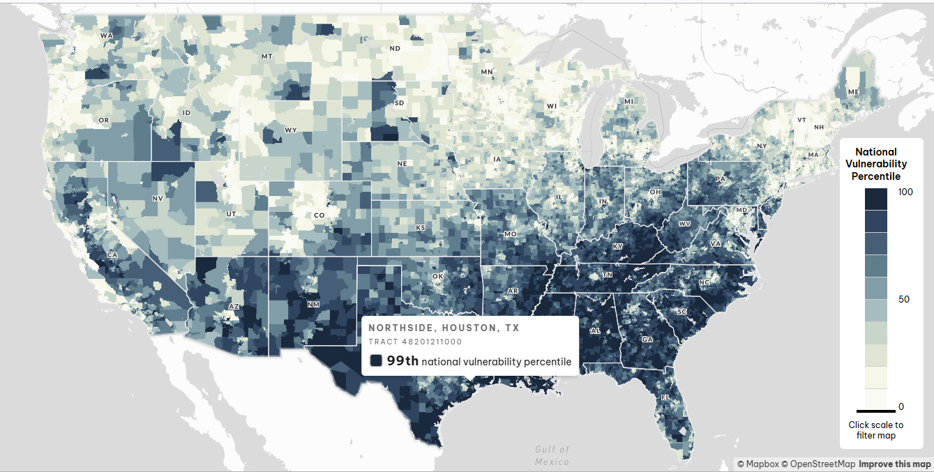 A screenshot of a climate vulnerability map where Northside Houston is highlighted showing the community to be in the 99th vulnerability percentile