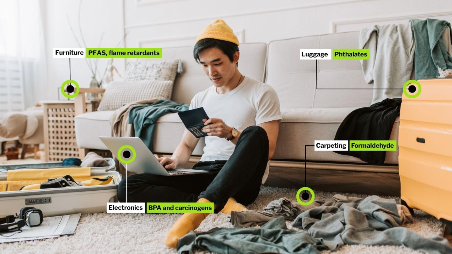 A man in a yellow hat sitting on the floor with items around him labeled with the chemicals they are exposing him to, including PFAS in the furniture, BPA in electronics, phthalates in luggage, and formaldehyde in carpet 