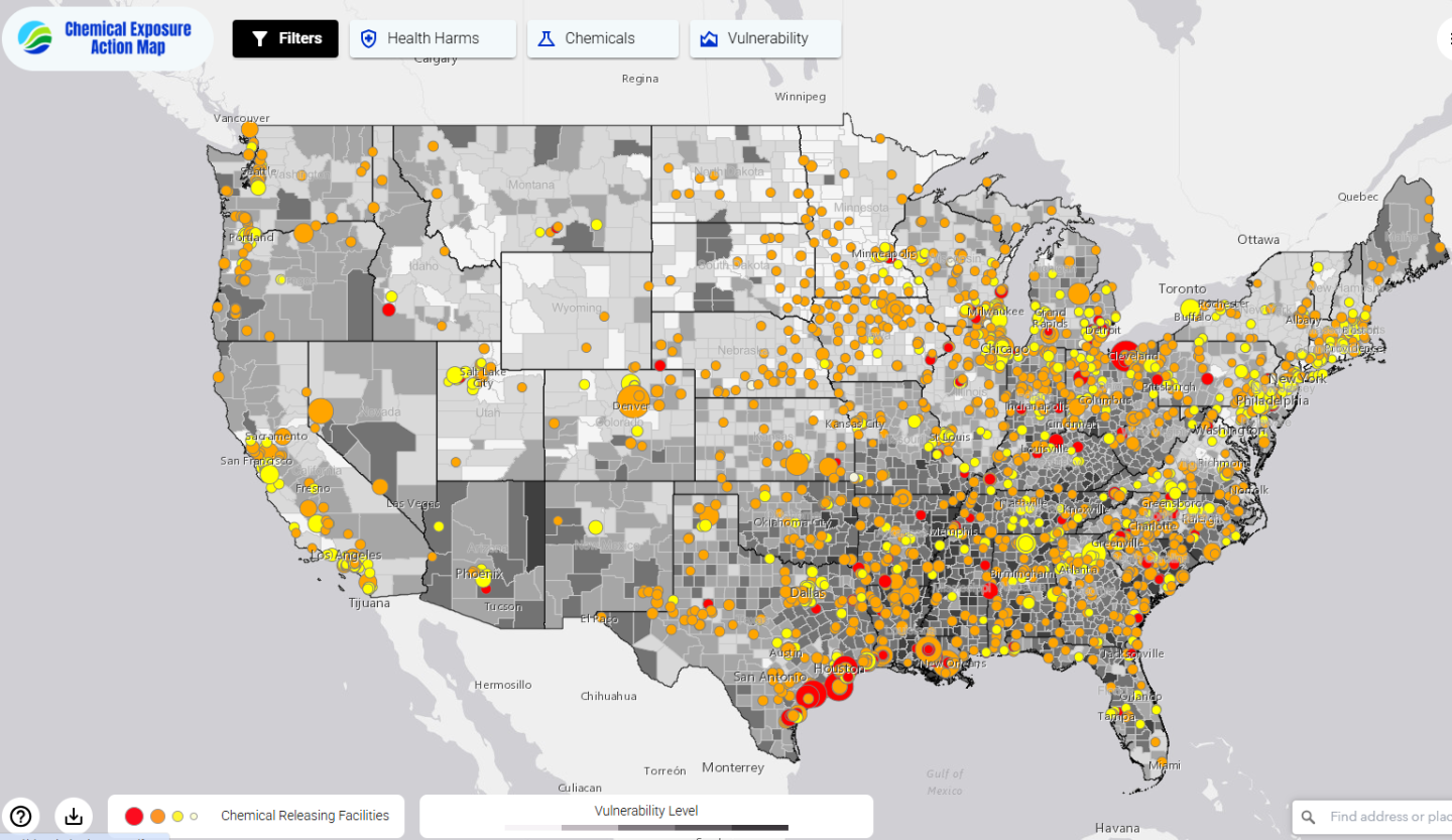 Screenshot of the Chemical Exposure Action Map with yellow, orange and red dots all over locations in the U.S. that have chemical facilities 