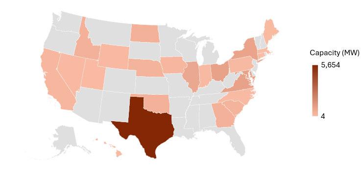 A color scaling map of the United States where Texas is the darkest color 