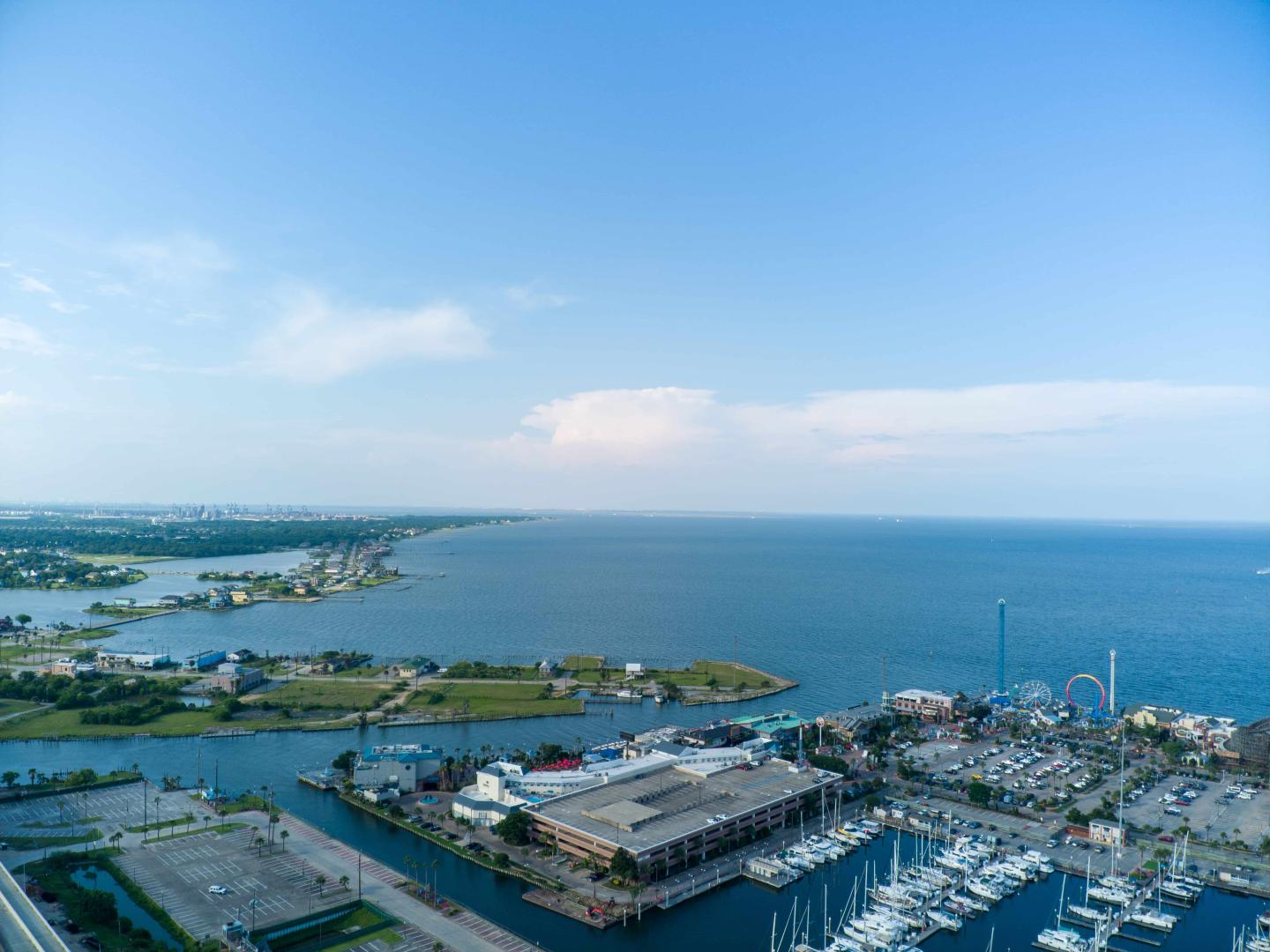 An aerial shot of a harbor in Galveston