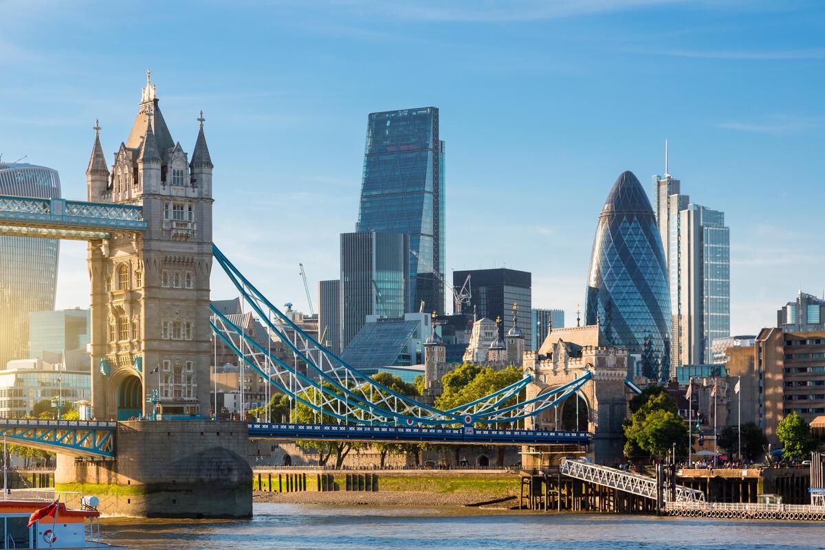 The London skyline on a clear, blue sky day